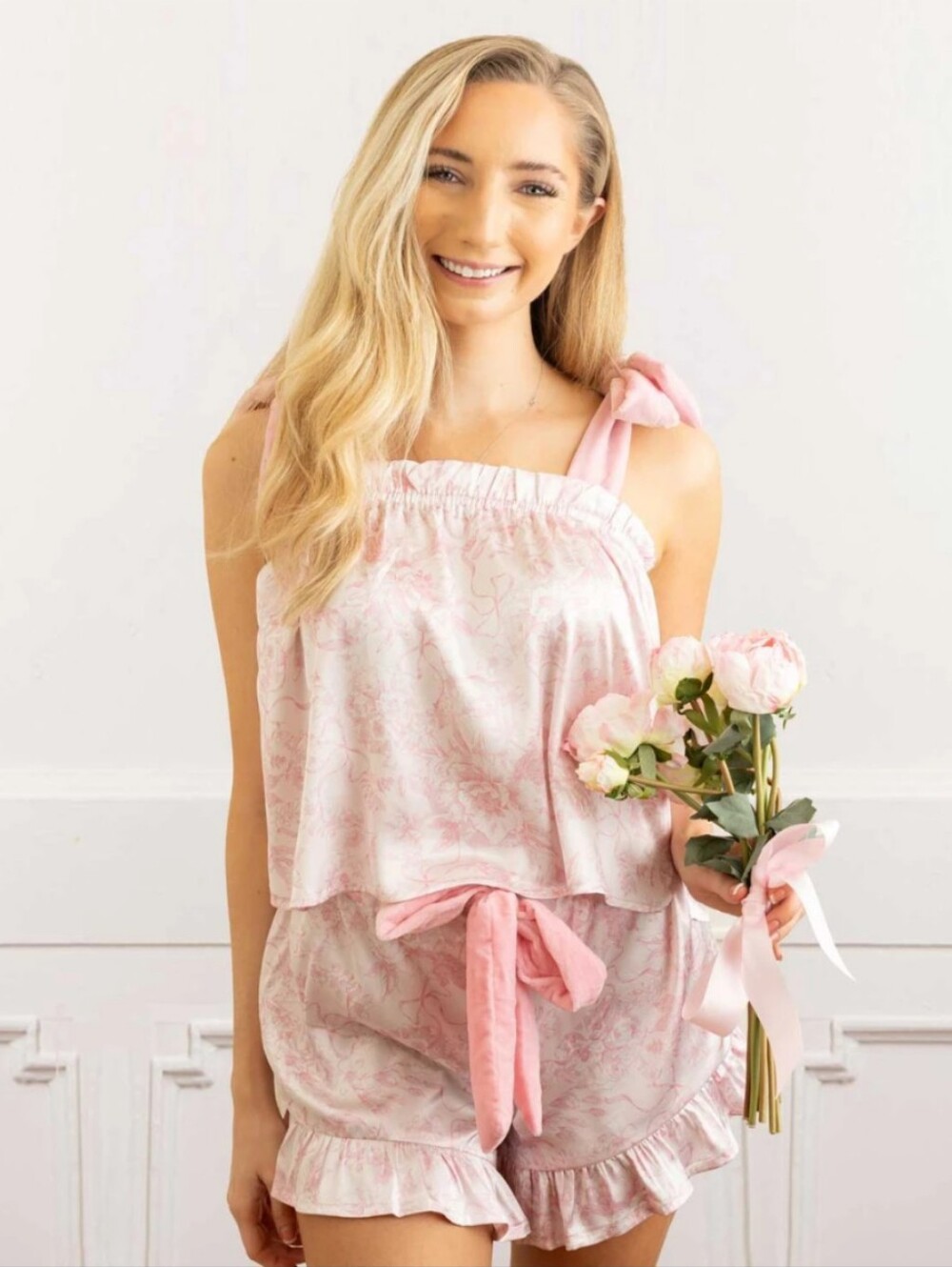 Oak Lane Satin Pink Floral Tie-Shoulder Pajama Set